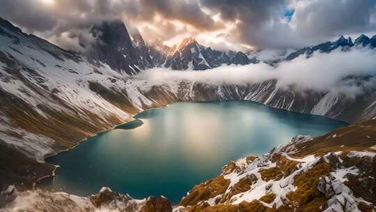 雪山环绕的湖泊全景