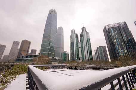 北京国贸CBD雪景与车流