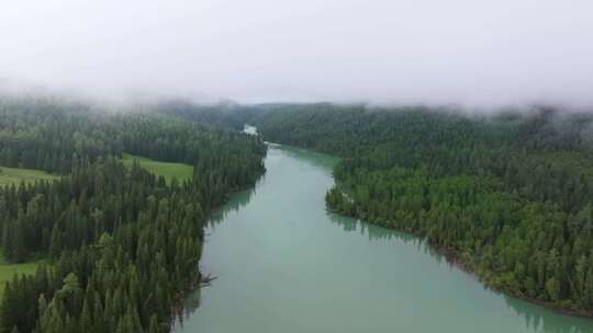 航拍夏天的新疆喀纳斯河风景