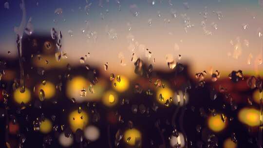 夜晚，雨水滴落在玻璃上，外面是城市