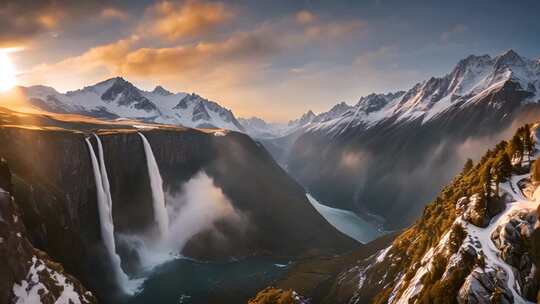 雪山瀑布壮丽自然景观