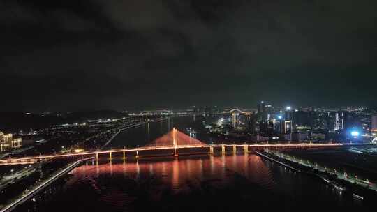 珠海夜景航拍横琴大桥夜晚城市建筑灯光风光