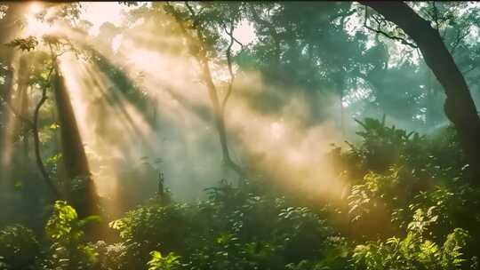 唯美森林丁达尔逆光云雾春天树大自然风景风