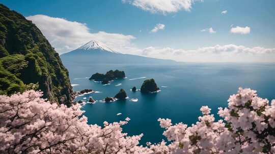 富士山与海景及樱花景观