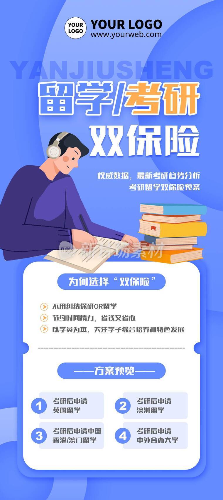 简约插画风考研留学培训机构招生详情长图