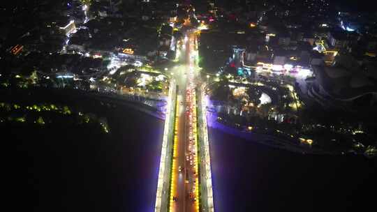 广西桂林城市夜景灯光交通航拍