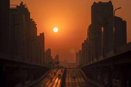 城市日落大道车流景象延时摄影