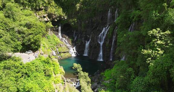 徒步旅行者，探索，留尼汪岛，瀑布