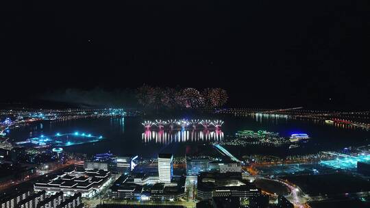 上海临港滴水湖夜景烟花秀【4K】视频素材模板下载