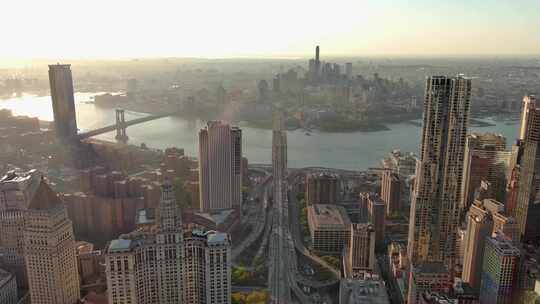 航拍纽约曼哈顿翠贝卡哈德逊河大桥摩天大楼视频素材模板下载