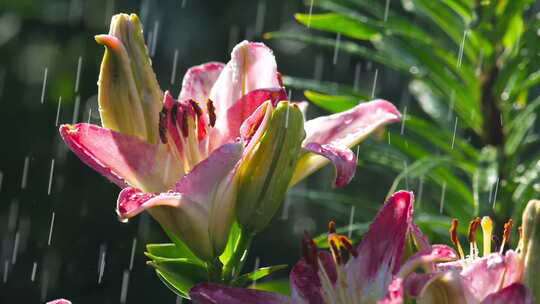 雨滴落在百合花的花瓣上