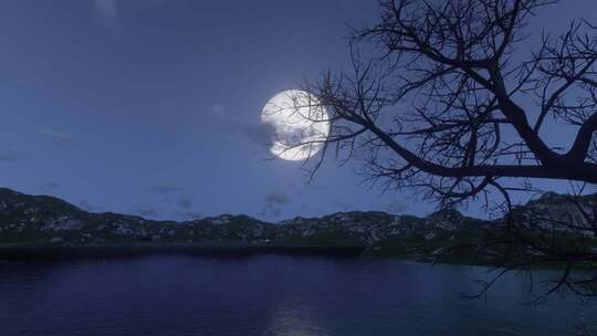 中秋节湖面上升起的月亮