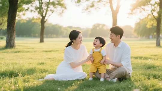 一家三口公园草地温馨互动