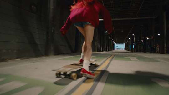 年轻女孩城市里滑长板视频素材模板下载