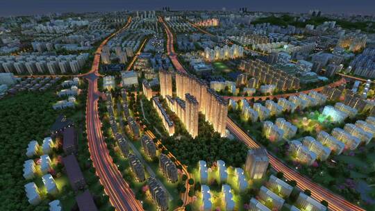 俯拍城市地产建筑夜景区位动画视频素材模板下载