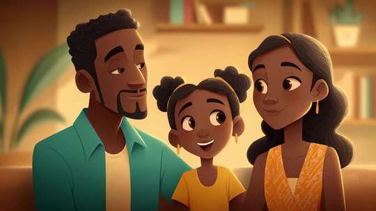 温馨卡通黑人家庭幸福生活