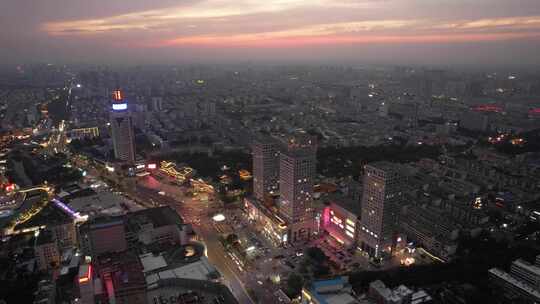 山东济宁城市晚霞夜幕降临航拍