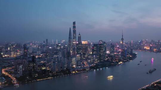 航拍黄浦江浦东夜景密度