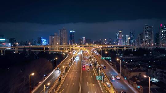 上海延安路立交车流夜景航拍视频素材模板下载