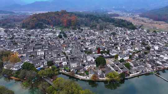 安徽黄山宏村徽派建筑群秋色日落夜景航拍