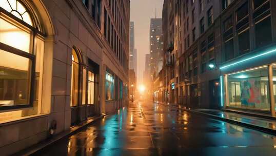 城市街道夜晚湿润路面景象