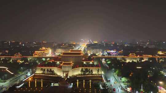 陕西西安永宁门夜景西安城墙夜景航拍