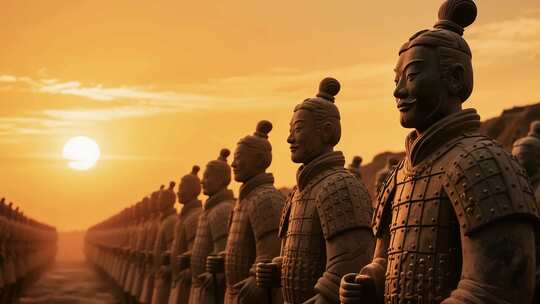 夕阳下的兵马俑阵列