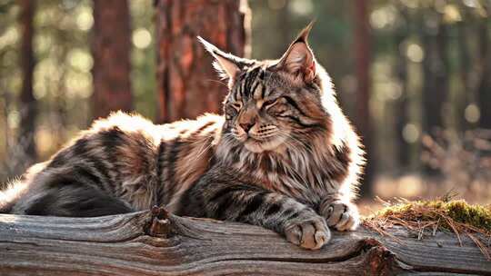 林间缅因猫趴卧在木头上