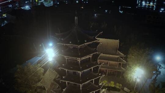 航拍甘肃张掖木塔寺宝塔夜景