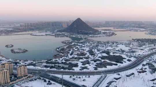 山东济南华山湖雪景航拍