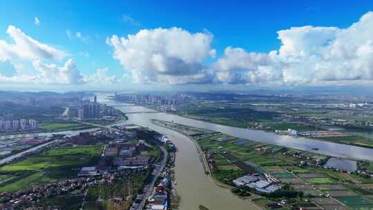 广州市南沙区晴天多云高空航拍