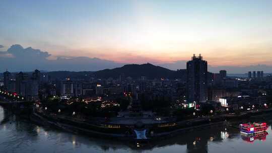 四川宜宾三江交汇处合江楼晚霞夜景航拍