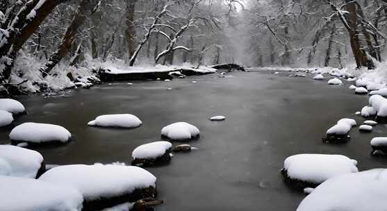 森林雪景下雪天冬季河流树林雾凇唯美下雪天