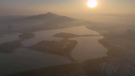 航拍日出平流雾下的南京城市风光