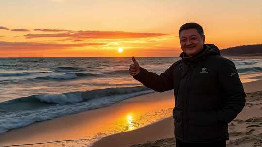 海边男子点赞日出美好景象