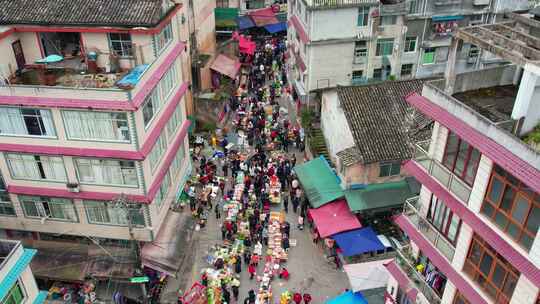 农村集贸市场菜市场农贸市场集市赶集航拍