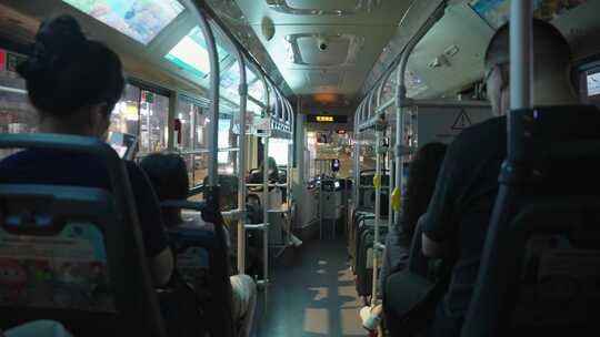乘坐公交车内行驶镜头视频素材模板下载