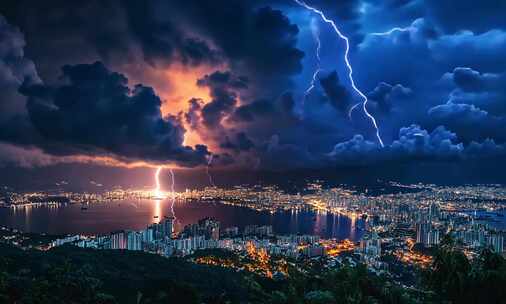 城市夜空下的壮丽雷暴