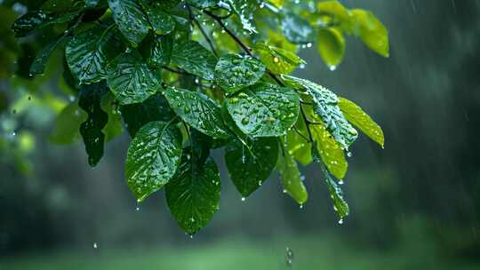 下雨天树叶子雨露露水雨滴唯美ai素材春天