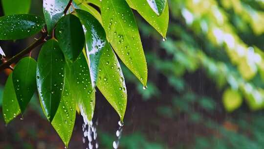 带雨滴的绿叶特写