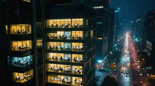 写字楼夜景下的加班场景
