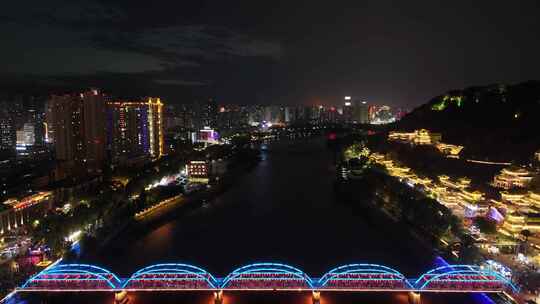 航拍甘肃兰州中山桥夜景