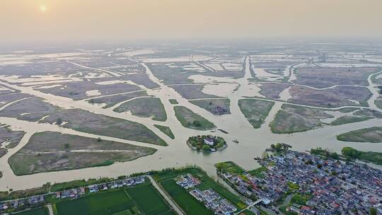 日落风光航拍江苏盐城九龙口名胜风景区