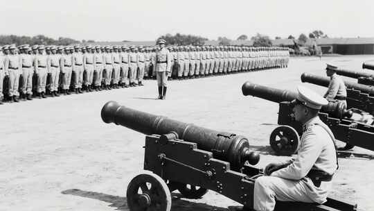 军队士兵大炮前队列场景