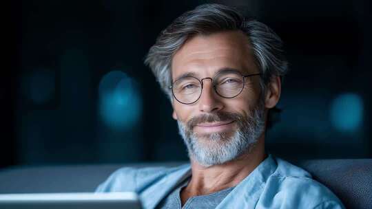 睿智中年男士自信微笑商务洽谈