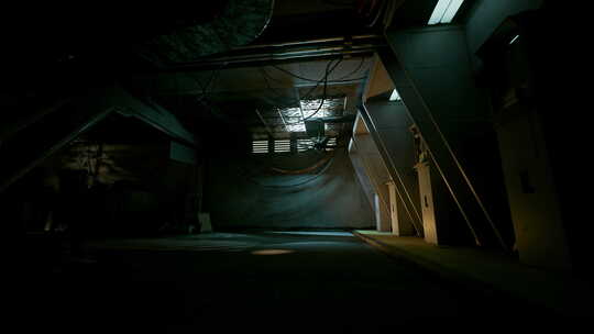 昏暗明亮的走廊，楼梯通向黑暗的混凝土内部
