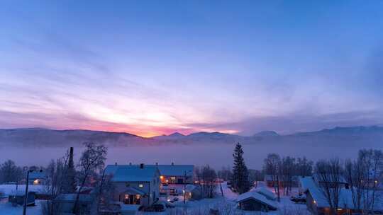 挪威塞尼亚岛北极圈峡湾小镇冬季雪景延时