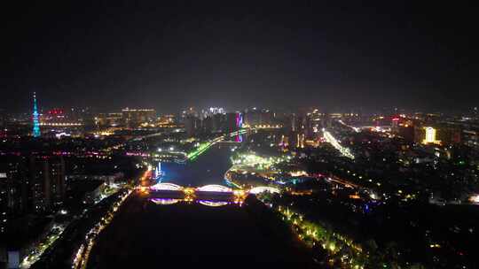 航拍河南漯河沙河大桥夜景