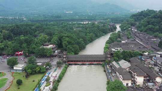 成都都江堰景区水利工程南桥二王庙航拍