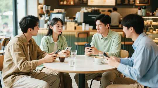 年轻人咖啡馆聚会玩手机聊天